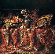 Jacques Hupin A still life of peaches, grapes and pomegranates in a pewter bowl, an ornate ormolu plate and ewers, all resting on a table draped with a carpet oil painting artist